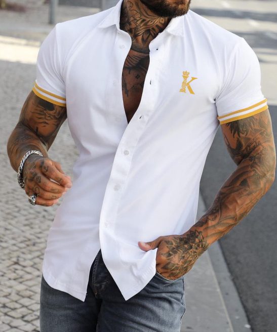 Men's Fashion Crown K Print Color Matching Casual Slim Short Sleeve Shirt