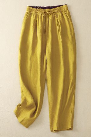 Cotton linen tie casual cropped pants