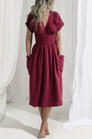 Women's Fashion V Neck Belt High Waist Short Sleeves Cotton- Linen Dress