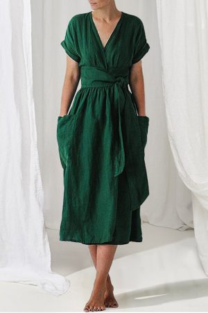 Women's Fashion V Neck Belt High Waist Short Sleeves Cotton- Linen Dress