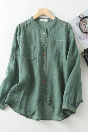 Art retro cotton linen color button irregular shirt