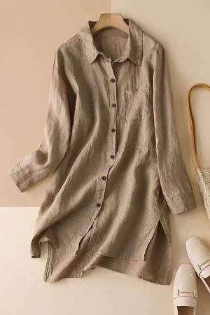 Cotton linen solid color long-sleeved loose shirt