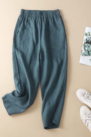 Retro Thin Elastic Waist Spliced Casual Nine-Point Pants