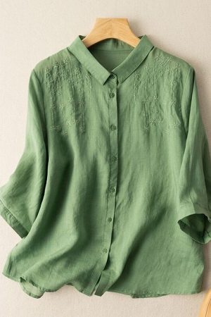 Embroidered Lapel Art Retro Casual Shirt