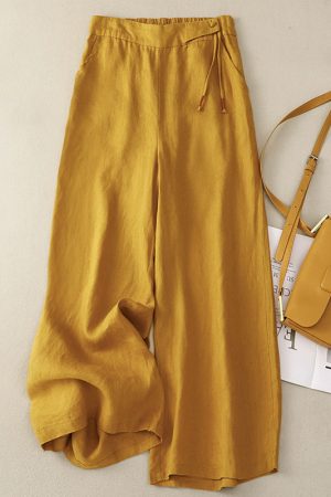 Elastic waist cotton linen cropped pants