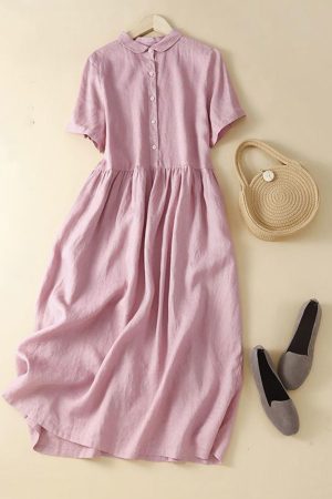 Cotton linen casual shirt dress
