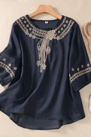 Vintage Cotton Linen Hand Embroidered Top
