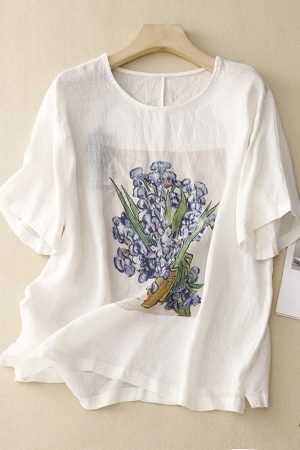 All-match retro cotton and linen fireworks T-shirt