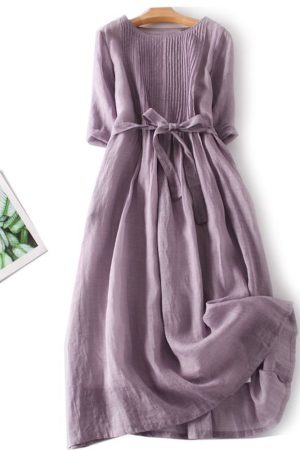 Loose Cotton Linen Tie Three Quarter Sleeve Dress