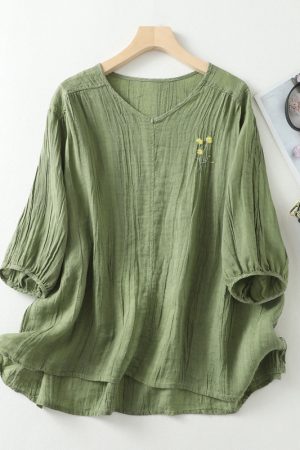 Cotton linen thin V-neck embroidered lantern sleeve shirt
