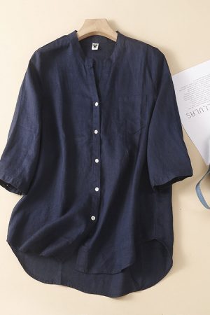 Stand collar 3/4 sleeve cotton linen shirt