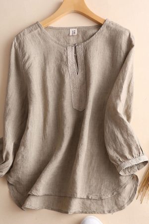 3/4 sleeve cotton and linen round neck shirt