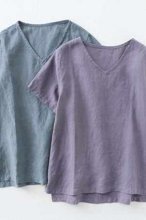 Simple cotton linen V-neck T-shirt