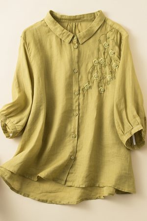 Literary vintage embroidery button cotton linen top