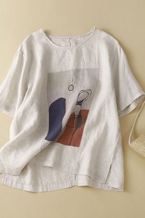Women's retro print all-match literary T-shirt