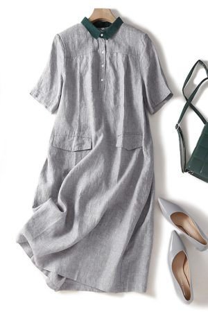 Retro Contrast Color Cotton Linen Dress