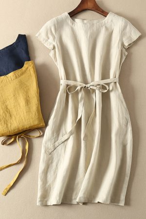 Summer solid color cotton and linen tie dress