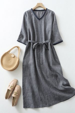 Cotton linen plaid v-neck tie casual dress