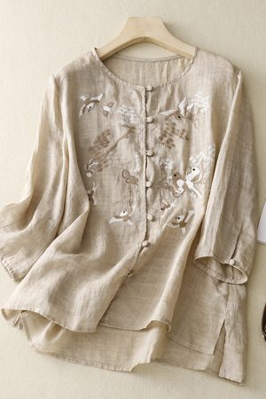 Embroidered Cotton Linen Buckle Texture Top