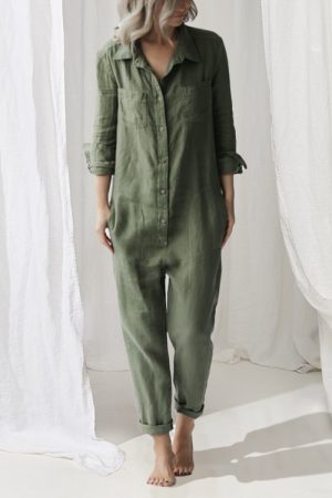 Casual lapel pocket long sleeve solid color cotton jumpsuit