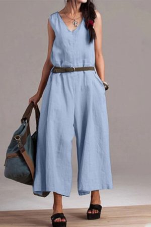 Women's Sleeveless V-Neck Cotton Linen Jumpsuit