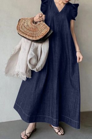 A-Line Oversized V-neck Ruffled Sleeve Dress