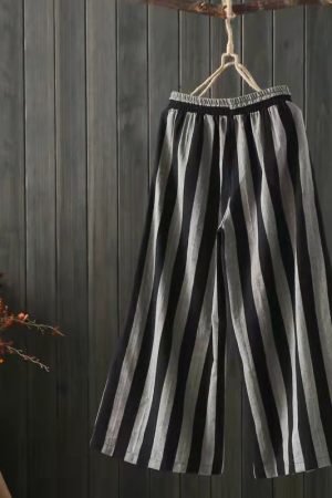 Retro Artistic Cotton Linen Striped Casual Pants