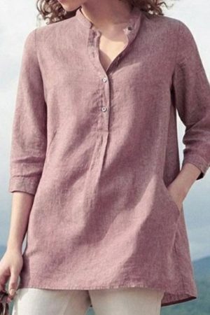 Women's solid color casual stand collar 3/4 sleeves shirt