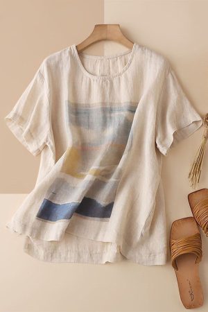 Simple Thin Printed Cotton Linen T-Shirt