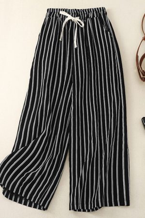 Striped cotton and linen elastic waist harem pants