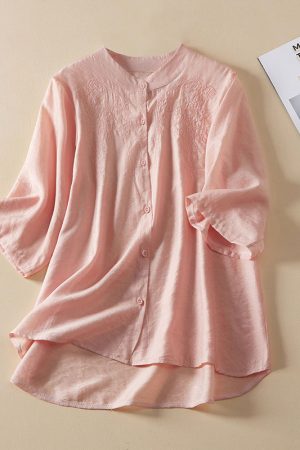 Cotton and Linen Embroidered Stand Collar Half Sleeve Shirt