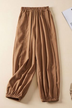 Solid color elastic waist cotton and linen casual harem pants