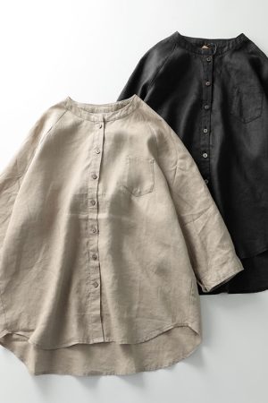 Stand collar 3/4 sleeve cotton linen shirt