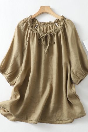 4 Colors Vintage Loose Cotton Numb Ear Tie Long Sleeve Top