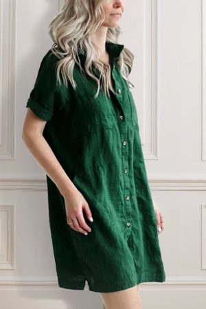 Casual lapel pocket solid color loose cotton and linen dress