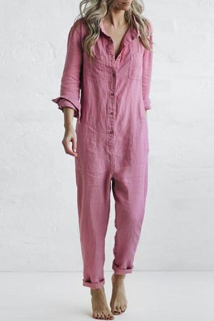 Casual lapel pocket long sleeve solid color cotton jumpsuit