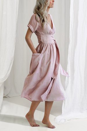Women's Fashion V Neck Belt High Waist Short Sleeves Cotton- Linen Dress