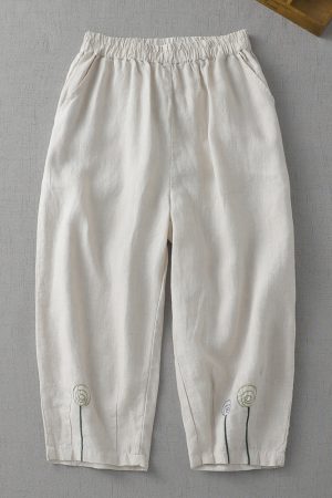 Cotton and linen cropped elastic waist casual pants