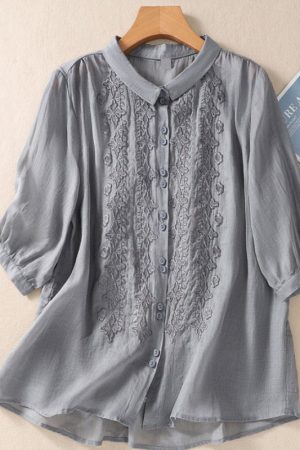 Women's Elegant Exquisite Embroidered Flowers Cotton Shirt