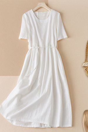 Cotton Linen Round Neck Casual Dress