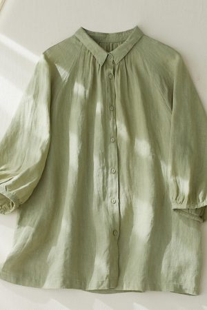 Cotton and linen balloon sleeve embroidered loose shirt