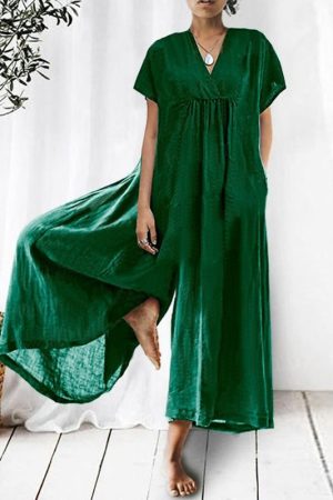 Loose V-neck Long Short Sleeves Jumpsuit