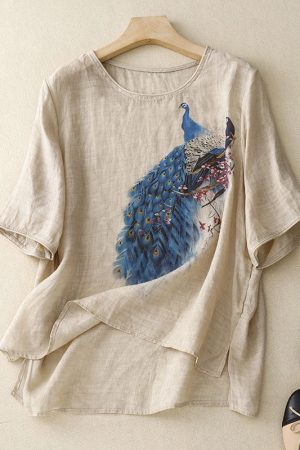 Women's Casual Peacock Print Cotton Shirt