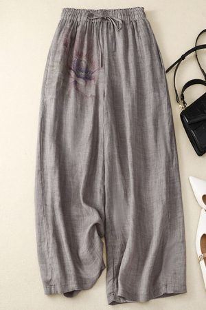 Retro cotton and linen casual high waist trousers