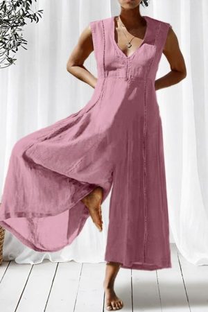 Vintage Loose V-neck  Sleeveless Jumpsuit