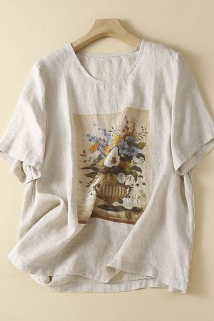 Vintage Print Round Neck Short Sleeve T-Shirt