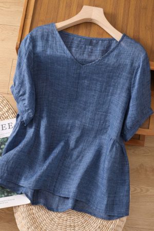 3-color literary cotton linen V-neck shirt