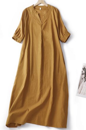 Literary Japanese style V-neck loose cotton linen gown