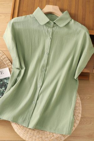 5-color doll collar cotton and linen sleeved shirt