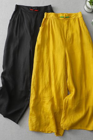 Solid color buttoned cotton and linen casual pants